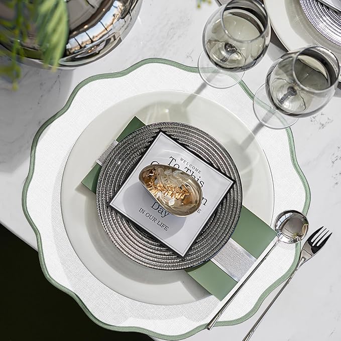 Set of 6 Scallop Linen Placemats, 15 Inch Light Green and White Round Placemats Cotton Linen Table Mats Handcrafted Machine Washable Wrinkle Free Dining Placemat for Hotel Restaurant Kitchen