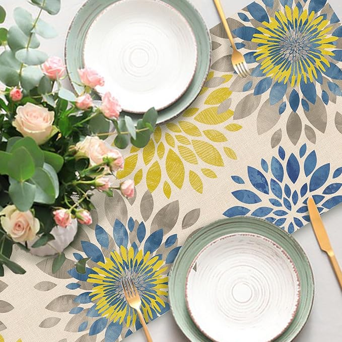 Geometric Dahlia Flower Dining Table Runner, Blue Yellow Floral Modern Art Burlap Kitchen Decoration, Spring Summer Farmhouse Indoor Outdoor Home Decor Party Supply 13 x 36 Inches