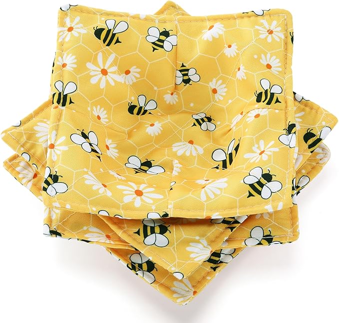 Cunhill 4 Pcs Cotton Microwave Bowl Cozy Holders for Hot Food Hot Pads Soup Bowl Potholders Heat Resistant Multipurpose Quilted Safe Holders for Kitchen Plate Supply(Bright Yellow,Bee Style)