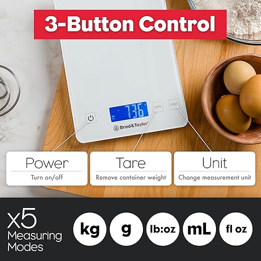 Brod & Taylor High Capacity Baking & Kitchen Scale (Weighs up to 33lbs/15kg of Ingredients), 1-Gram Precision, Five Unit Options, 5-Minute Display, Batteries Included