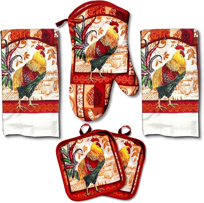 Lobyn Value Packs: Decorative & Functional Rustic Rooster Kitchen Set – 5 Piece Kitchen Towel Set with 2 Decorative Dish Towels (25 X15), 1 Oven Mitt (11 X 7) and 2 Potholders (6.5 X 6.5)