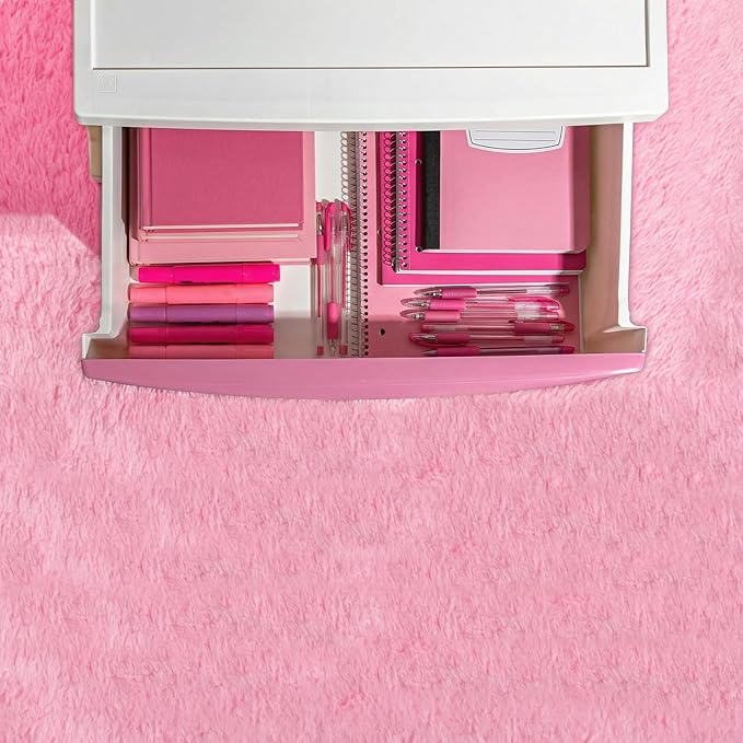 IRIS USA Plastic Drawer Storage Organizer, 4-Drawers, for Art Supplies Bathroom Dorm Bedroom Laundry Room, Wide, White Frame with Matte Pink Front Panels