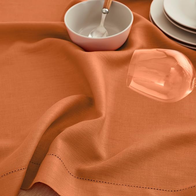 Solino Home Linen Placemats Set of 4 - Classic Hemstitch Pumpkin Placemats 14 x 19 Inch - 100% Pure Linen Table Mats