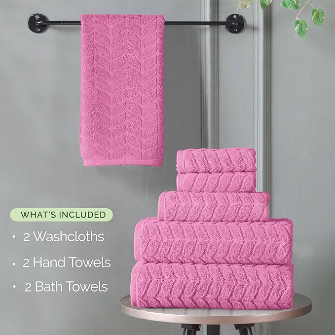 Elegant Comfort Luxury 6-Piece 100% Turkish Cotton Jacquard Braided Textured Premium Hotel Quality Towel Set– Soft and Absorbent, Includes 2 Bath Towels, 2 Hand Towels and 2 Washcloths, Light Pink