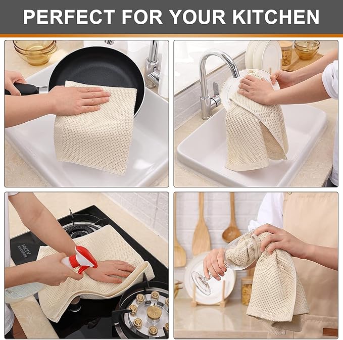 Kitinjoy 100% Cotton Waffle Weave Kitchen Hand Towels (13 X 28 Inches, Beige), 12-Pack Super Soft and Absorbent Dish Towel for Drying Dishes
