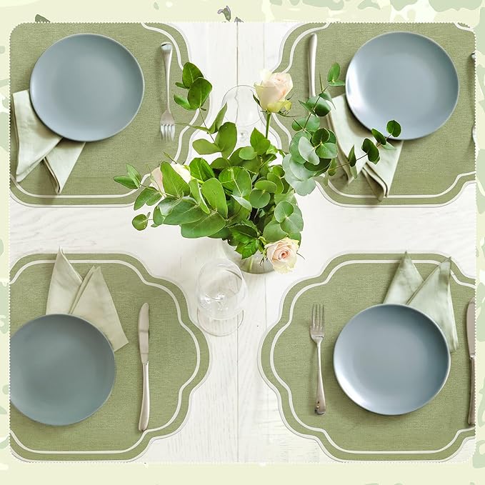 Breling 6 Pcs Wedding Placemats Scalloped Embroidered Cotton Linen Placemats 17" x 13" Double Layered Machine Washable Table Place Mat for Party Table Decor (Sage Green)