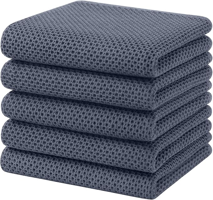 Homaxy 100% Cotton Waffle Weave Kitchen Towels, 5-Pack Ultra Soft Absorbent Dish Towels, Quick Drying Cleaning Towels, 13 x 28 Inches, Dark Grey