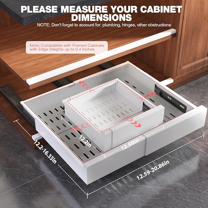 Seinloes 2 Pack Pull Out Cabinet Organizer Expandable Width(13"-21") and Depth(13"-17"),Slide Out Drawers With Raising Pad for Framed Cabinets,No Drill Roll Out Shelves for kitchen,Bathroom,White
