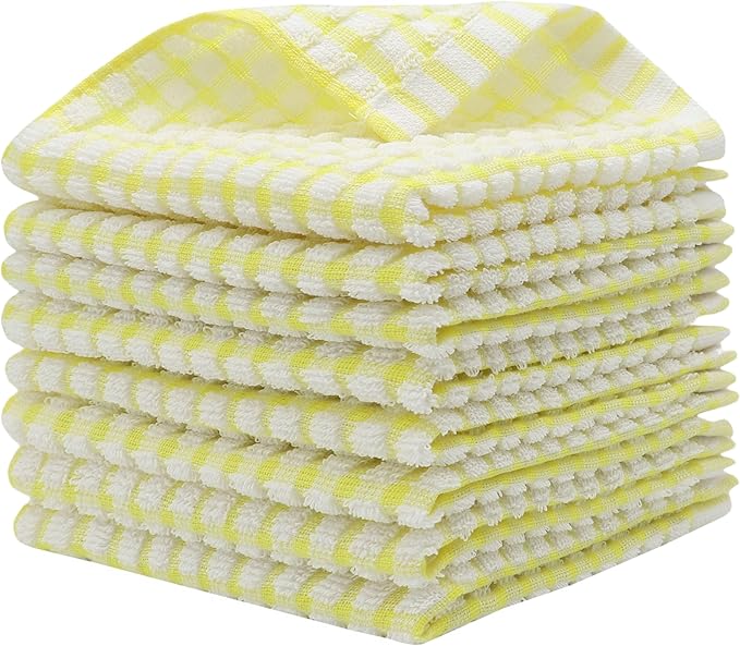 Cotton Cleaning Rags Terry Dish Cloths for Washing Dishes, Set of 8 Dish Rags for Cleaning, Light and Soft Dish Towels for Kitchen Drying Dishes, 11.8 Inch x 11.8 Inch (Yellow)