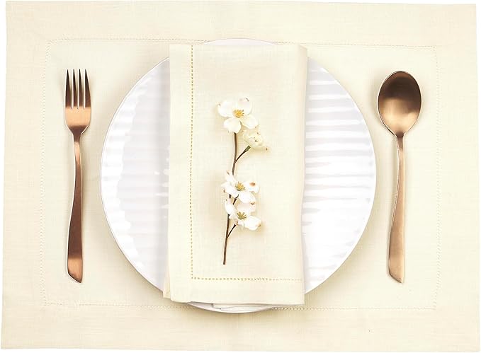 D'Moksha Homes Linen Placemats Set of 4 - Classic Hemstitch Ivory Placemats 14 x 19 Inch - 100% Pure Linen Table Mats for Mothers Day, Spring - Handcrafted and Machine Washable