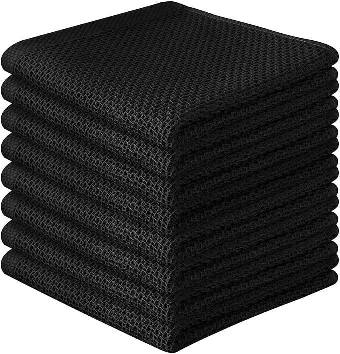 100% Cotton Waffle Weave Kitchen Towels, 8 Pack Dish Cloths for Washing Dishes, Ultra Soft Absorbent Dish Towels, Quick Drying Kitchen Rags, 12x12 Inches, Black