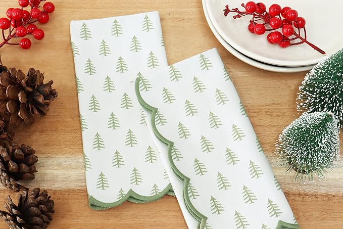 PurpleEssences Scalloped Embroidery Cloth Napkins - Spring Easter Summer - Table Decor - 100% Cotton - Set of 4-18x18 inch - Christmas Tree - Edges - Sage Green
