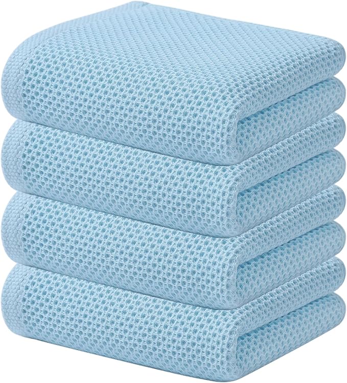 Kitinjoy 100% Cotton Waffle Weave Kitchen Hand Towels (13 X 28 Inches, Sky Blue), 4-Pack Super Soft and Absorbent Dish Towel for Drying Dishes