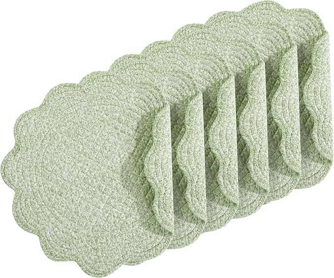 HOMBYS Quilted Placemats Set of 6 Washable Round Placemats for Kitchen Table-100% Cotton Fabric 14 Inch Round Table Mats, Cotton Fabric with Microfiber Filling, (14"x14", White & Green Flower)
