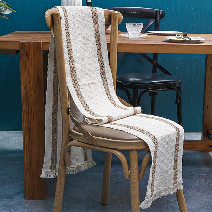 Niviy Boho Table Runner for House Decor 132 Inches Long Farmhouse Macrame Table Runner Cotton Linen Woven Table Runners for Summer Dining Table Decoration, Beige & Brown