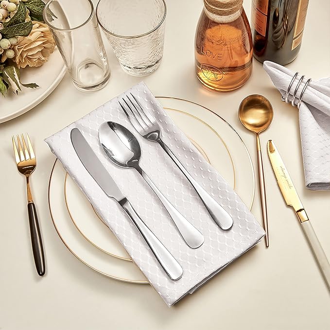 Cloth Napkins Set of 8 – Square 17x17 Inch Jacquard Fabric Polyester Washable Reusable Cloth Napkins for Kitchen Dinner Dining Restaurants Wedding Party Banquet Table (Ivory)