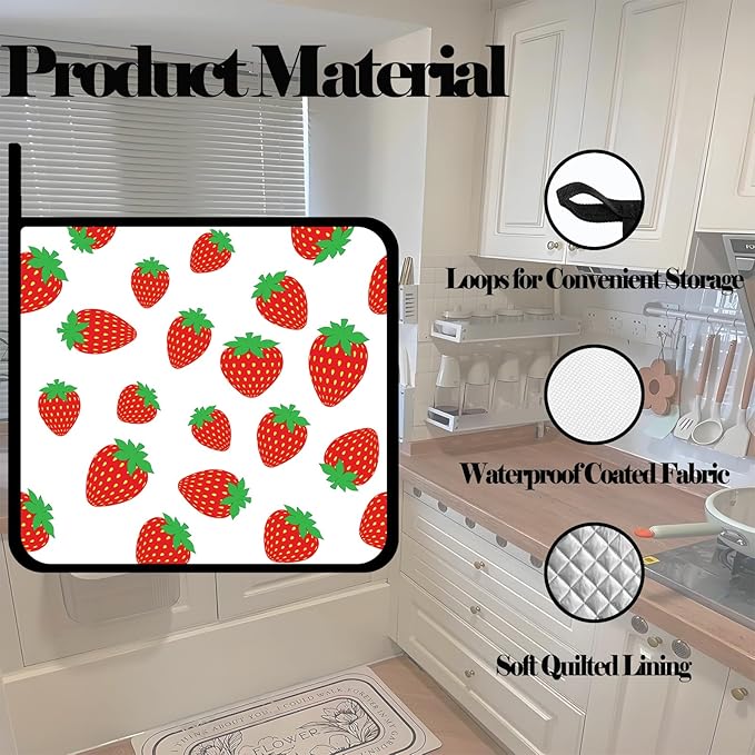Cute Cartoon Strawberry Pot Holders Set of 2,Kitchen Heat Resistant Potholders for Microwave Cooking Baking Oven and BBQ Gifts for Women