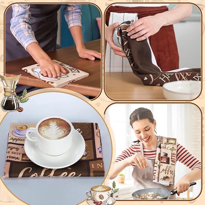 Bencailor 6 Pcs Coffee Kitchen Towels Decorative Sets Dish Towels Absorbent Fast Drying Hand Tea Vintage Hanging Reusable Cleaning Dishcloths for Cooking Farmhouse Bathroom Accessory