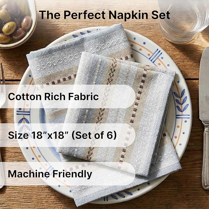 LFH Home Cotton Rich Cloth Salsa Napkin Set of 6 Washable Soft Durable Striped Table Napkins for Dining Wedding, Daily Use Reusable Eco-Friendly Napkins for Elegant Table Settings(18x18)-Grey