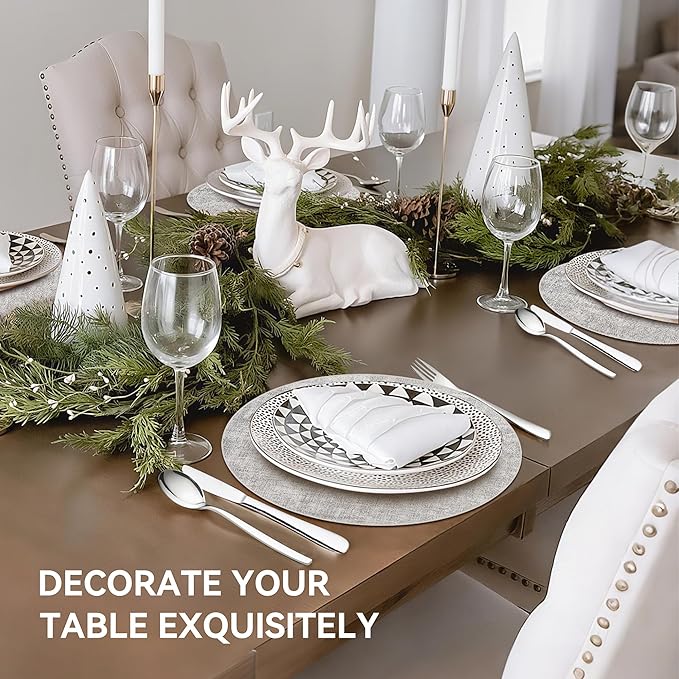13" Round Placemats Set of 6, Reversible Faux Leather Heat Resistant Table Mats, Waterproof Oilproof Wipeable Table Protective Placemats for Vinyl, Washable for Indoor & Outdoor Use (6, Light Grey)
