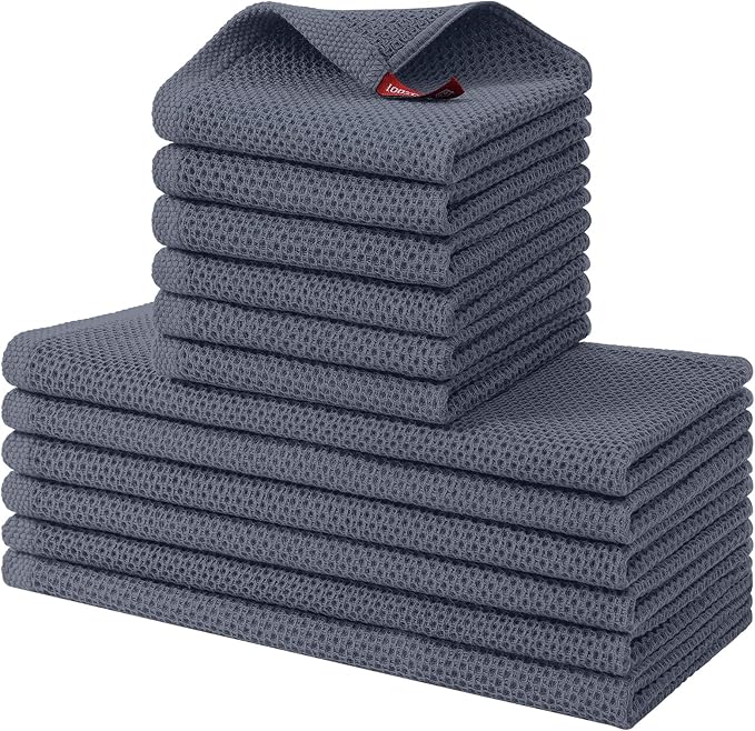 Kitinjoy 100% Cotton Kitchen Towels and Dishcloths Set, 12 Pack-13" x 28" and 12" x 12" Waffle Weave Dish Towels, Ultra Soft Absorbent Quick Drying Dish Rags, Dark Grey