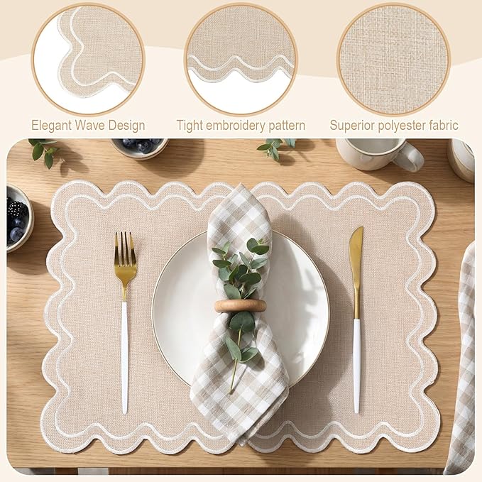 Linen Placemats Set of 12 Scalloped Placemat 13 X19 Wavy Embroidery Double Layered Washable Farmhouse Dinner Fabric Table Mat Napkin for Wedding Party Christmas Hotel Restaurant(Cream)