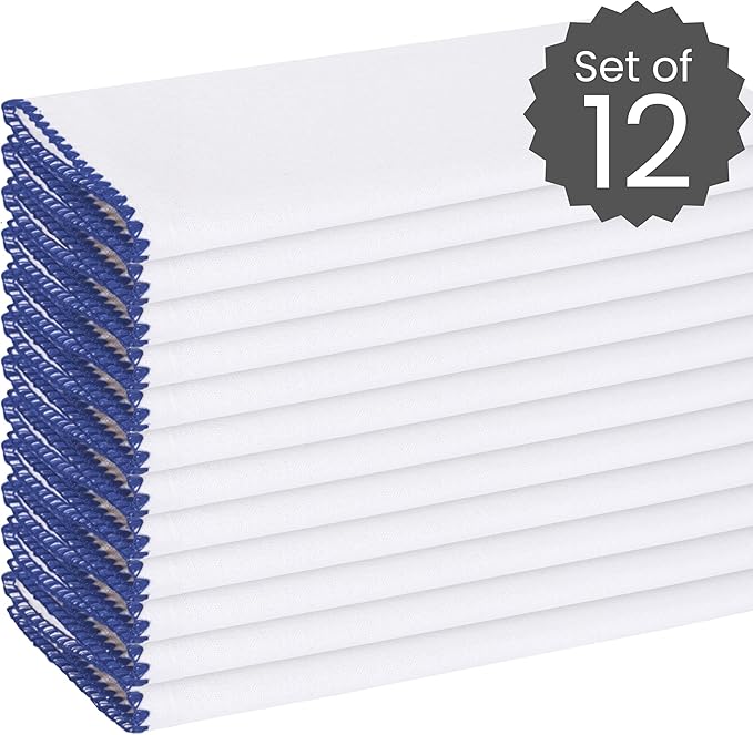Cotton Clinic Cloth Napkins with Trim - Everyday Use Table Dinner Napkins - Soft Durable Washable - Ideal for Dinner Party Wedding Christmas Easter - Set of 12-20x20 inches Navy Blue White Napkins