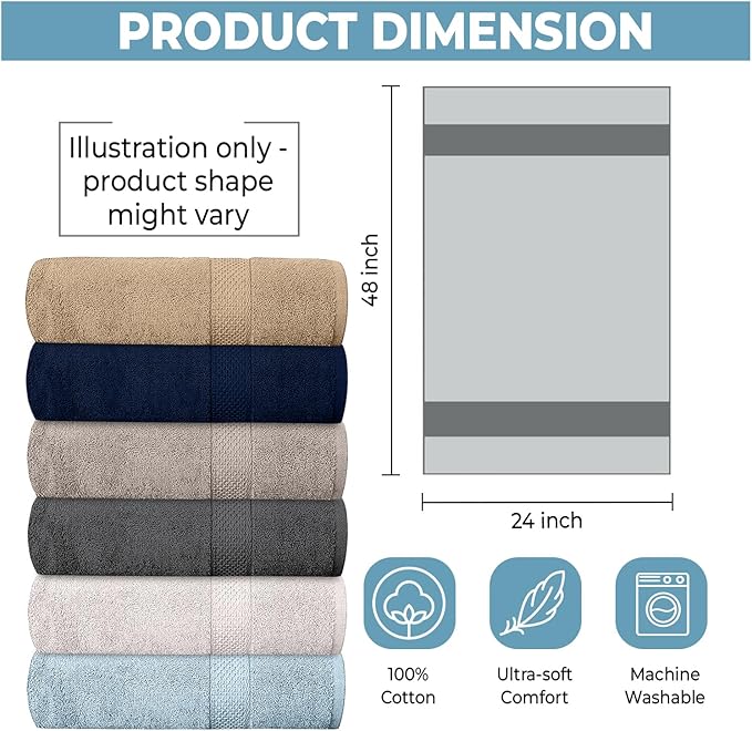 QUBA LINEN Hotel & Spa 100% Cotton Bath Towels Pack of 6, Ultra Soft, Quick Dry, Lightweight, Highly Absorbent, Perfect for Shower, Spa, Gym, Pool, Hotel, Resort & Daily Use (Multi-Color - 24" x 48")