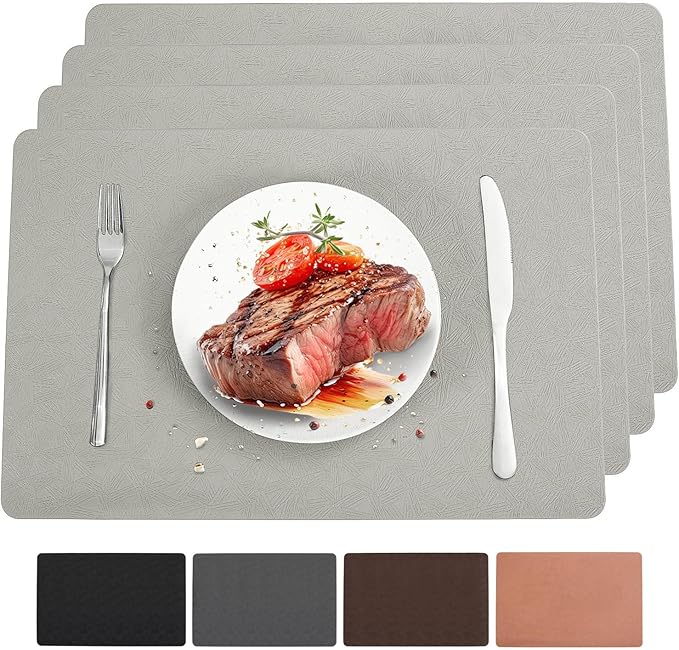 Vinyl Placemats Set of 4 Heat Resistant Easy Clean Non-Slip Place Mats for Dining Table Faux Leather Waterproof Stain Resistant Wipeable Washable PVC Table Mats(4, Light Gray)