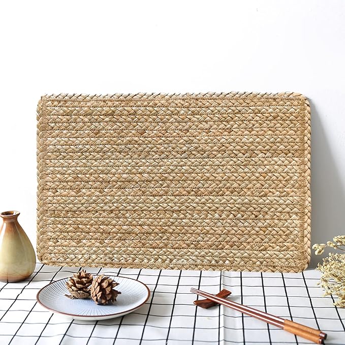 Woven Placemats Set of 6 Rattan Placemats Rectangle Natural Placemats Wicker Heavy Braided Straw Placemat Farmhouse Square Plates Place mats for Indoor/Outdoor Patio Table 17.7'' X 11.8''