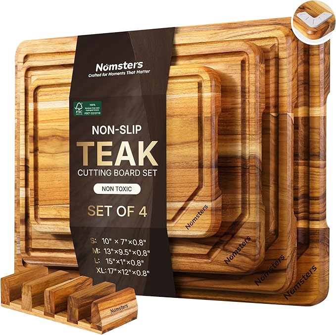 4 Pack Teak Wood Cutting Board Set for Kitchen Heavy Duty Non Toxic Non Slip Solid Thick Wood Haus Chopping Board Extra Large Big Small Meat Best Non Toxic Kitchen Essential House Warming Hostess Gift