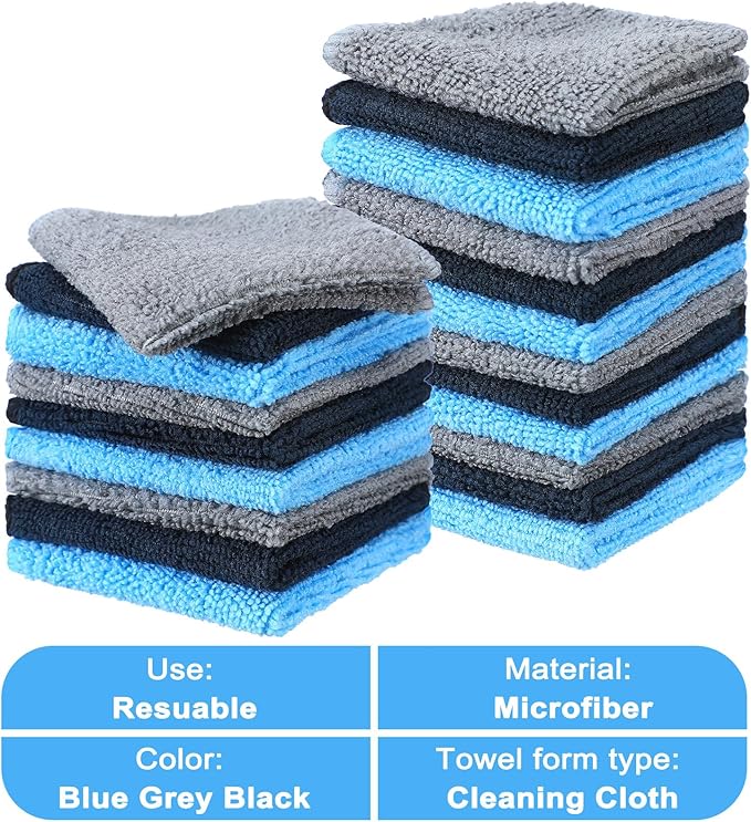 Tanlade Cleaning Cloth Dry Erase Cloth Cleaning Rags Reasonable Kitchen Towels Microfiber Towels Cars Wash(6 x 6 Inch,Blue/Gray/Black,30 Pcs)