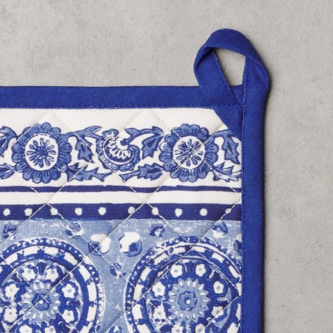 Maison d' Hermine Pot Holders 100% Cotton Heat Resistant Potholders 8" x 8" Hot Pads with Loop BBQ Cooking Baking Gifts for Mothers Day Handling Hot Pans Spring/Summer (Pack of 2, Melodie Bleue)