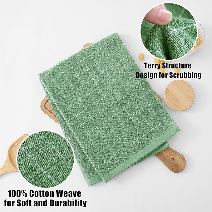 Homaxy 100% Cotton Terry Kitchen Towels(Grass Green, 20 x 28 inches), Checkered Designed, Soft and Super Absorbent Dish Towels, Large 8 Pack