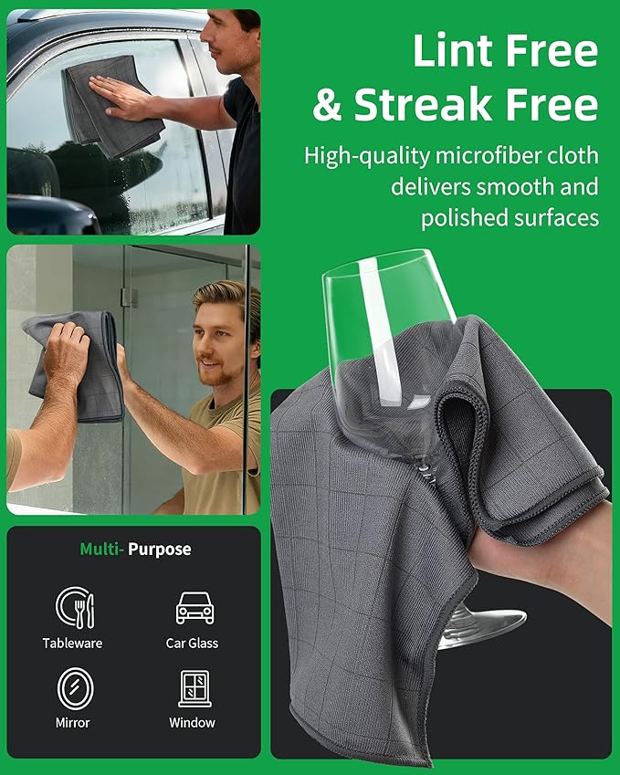MR.SIGA Ultra Fine Microfiber Glass Cleaning Cloths, Lint Free, Streak Free Cleaning Rags, for Glass, Mirror, Window, Pack of 6, Gray, Size 34 x 39 cm (13.3" x 15.3")