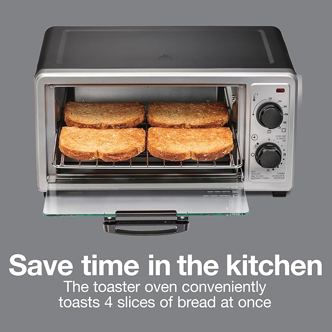 Proctor Silex 4 Slice Countertop Toaster Oven, Multi-Function with Bake, Toast and Broiler, 1100 Watts, 30 min timer and auto-shutoff, Includes Backing Pan and Rack, Black and Silver (31260)