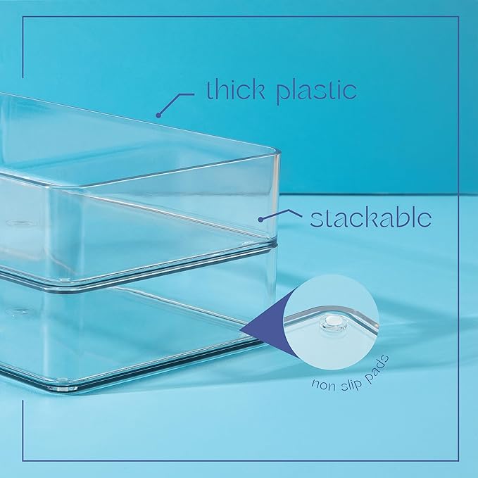 primebox Six Pcs. Plastic Clear Drawer Organizers. Stackable Storage Trays for Kitchen Utensils and Silverware. 2 Sizes. Stackable