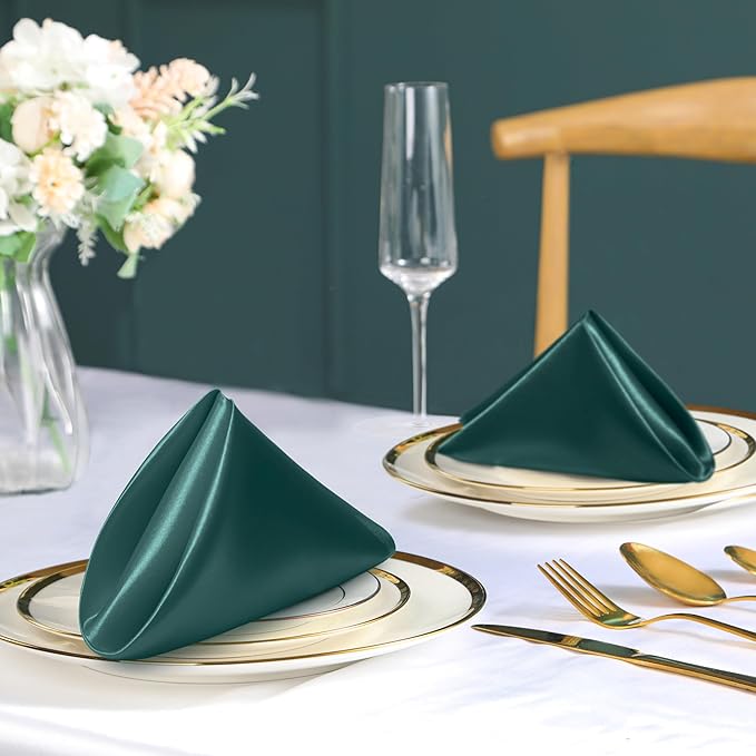 100 Pack Dark Green Satin Napkins and Napkin Rings Set, 12 x 12 Inch Silky Soft Cloth Napkins Set of 50, Square Satin Dinner Table Napkins Bulk for Wedding Banquet Graduation Party Decoration