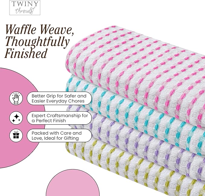 TWINY threads Multicolors White Waffle Towels 4 Pack, 16x26 Inches Absorbent Waffle Weave Kitchen Dish Cloth Set, Soft, Durable & Machine Washable Tea Towel, Rose Pink, Aqua Blue, Lavender, Green