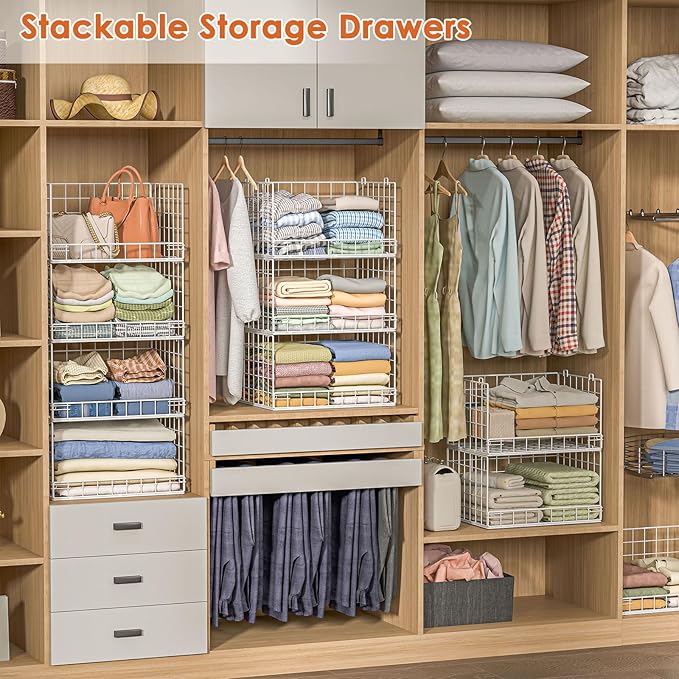 Yociyoga 8-Tier Stackable Closet Organizers and Storage Shelves, Foldable Closet Shelf Organizer, Stackable Storage Bins Drawers for Closet Organizer System, White(Patent Pending)