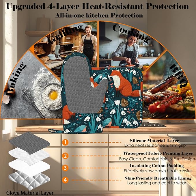 Forest Fox Animal Oven Mitts and Pot Holders Sets Green Floral Silicone Kitchen Mitts Potholders Heat Resistant Oven Gloves Hot Pads for Kitchen Baking Cooking