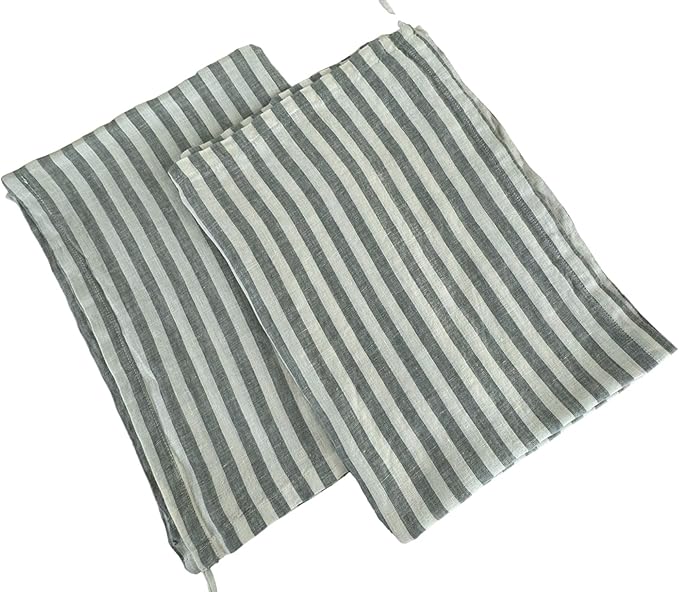 Eight Owls Stonewashed Linen Kitchen Dish Towels - 20 x 27 inch – 100% Pure Linen Tea Towel/Hand Towel - Set of 2 (Sage Stripe)