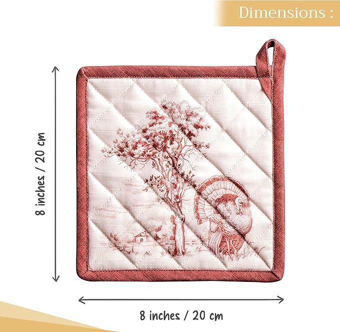 Maison d' Hermine Pot Holders Set 100% Cotton Heat Resistant Potholders 8" x 8" Hot Pads with Loop for Thanksgiving Christmas Decorations BBQ Baking Handling Hot Pans (Pack of 2, Holy Jouy - Brown)