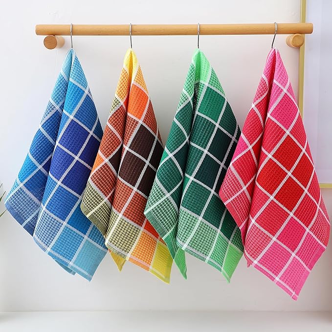 Bright Large Kitchen Towels, 4-Pack, 16 Inch x 26 Inch Buffalo Check Dish Towels for Washing Drying Dishes, Colorful Waffle Design Tea Towel Bar Towel (Blue)