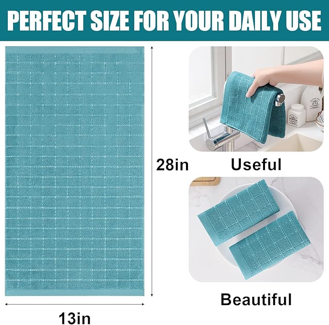 Homaxy 100% Cotton Terry Kitchen Towels(Lake Blue, 13 x 28 inches), Checkered Designed, Soft and Super Absorbent Dish Towels, 8 Pack