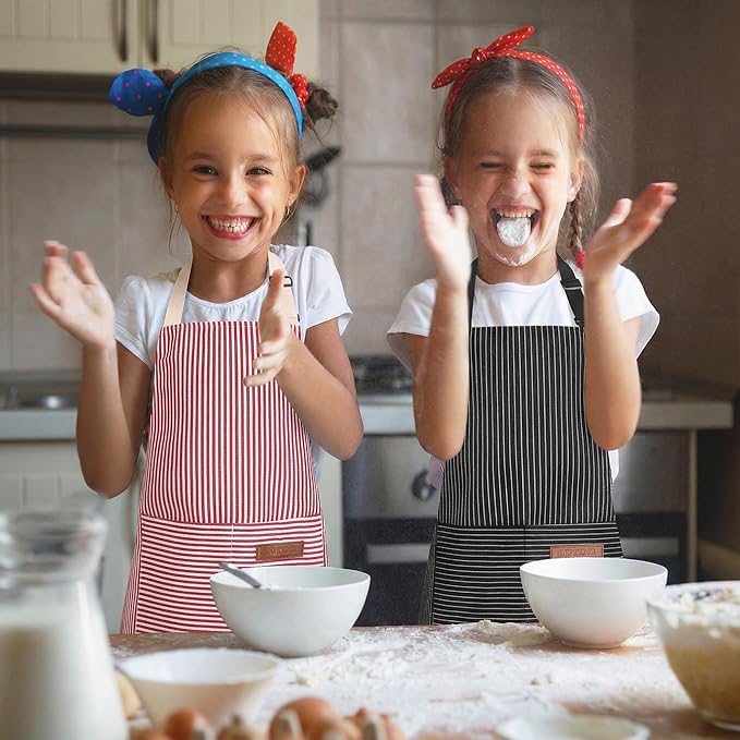 2 Pack Stripes Kids Apron, Kids Cooking Aprons with 2 Pockets, Cute Aprons for Cooking for Boys and Girls