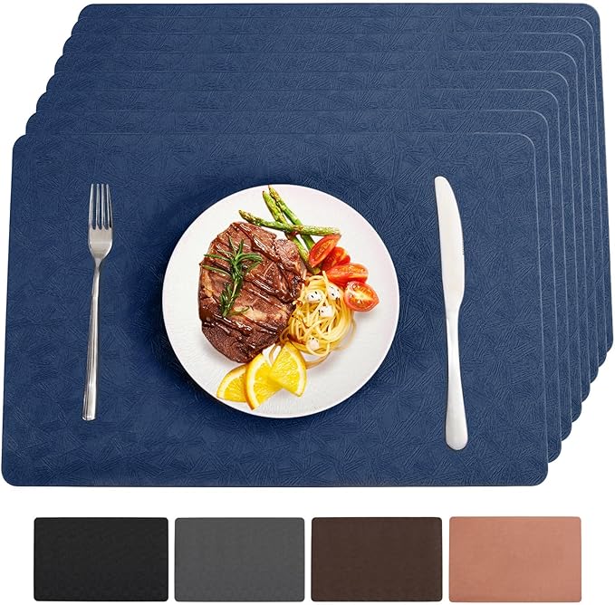 Vinyl Placemats Set of 6 Heat Resistant Easy Clean Non-Slip Place Mats for Dining Table Faux Leather Waterproof Stain Resistant Wipeable Washable PVC Table Mats(6, Blue)