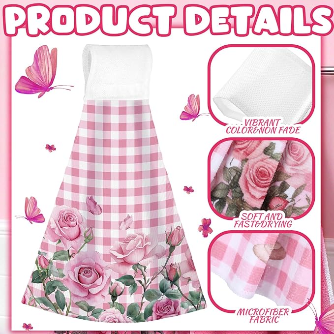 Tegeme 6 Pcs Hanging Kitchen Towels with Loop, Absorbent Hand Tie Towels Microfiber Decorative Fast Drying Kitchen Hanging Towel for Home Bathroom(Pink Rose)