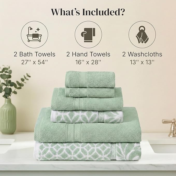 Modern Threads Botanical Vine 6-Piece 100% Cotton Towel Set – Reversible Yarn Dyed Jacquard – Includes 2 Bath Towels, 2 Hand Towels, 2 Washcloths – Absorbent, Quick Dry, Soft & Durable – Sage Green