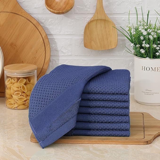 Homaxy 100% Cotton Dish Cloths, 8 Pack - 12 x 12 Inches, Waffle Weave Super Soft and Absorbent Dish Towels Quick Drying Dishcloths, Navy Blue